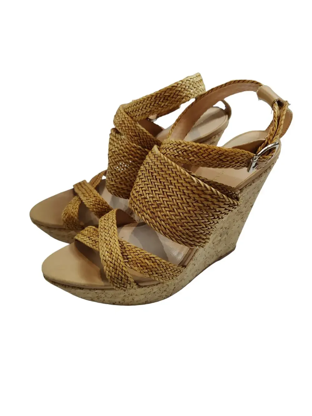 Loeffler Randall Women's Sz 9.5 Lake Strappy Woven Cork High Wedge Sandal Tan